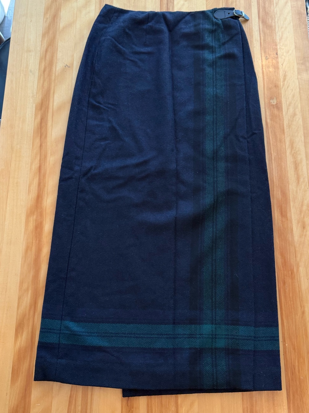 Talbots Navy Maxi Wrap Skirt with Dark Green Plaid